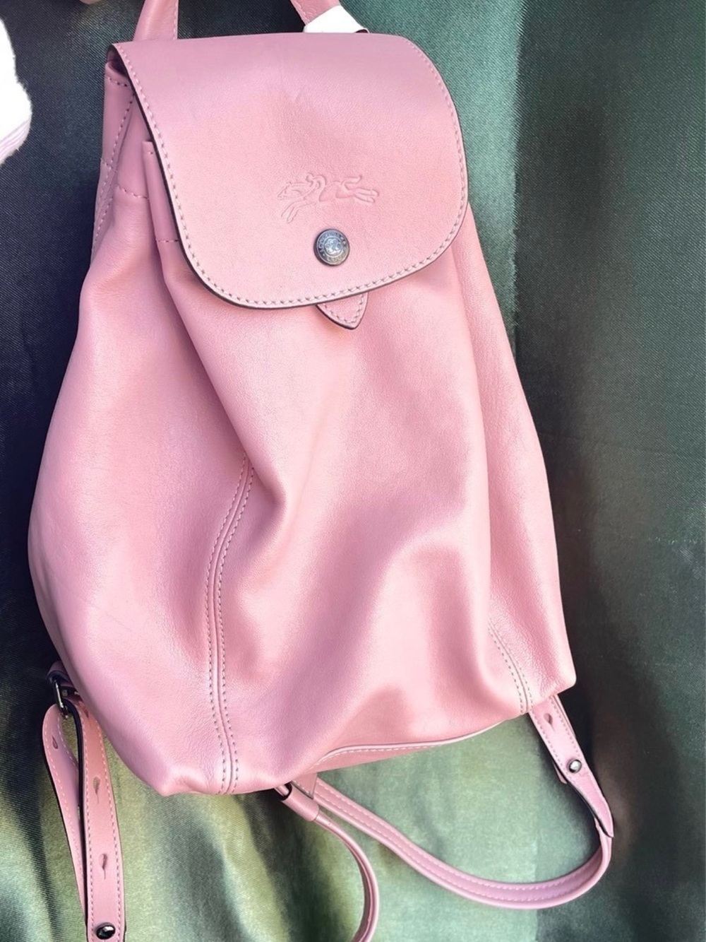 Longchamp Le Pliage Pink Leather Small Backpack Snap Closure Adjustable Strap